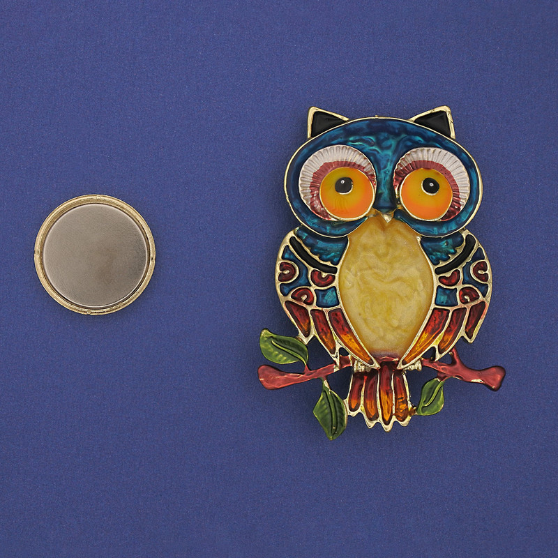 Owl Brooch, Magnetic, Enamel, 55x40mm+/- Gold-Tone Metal