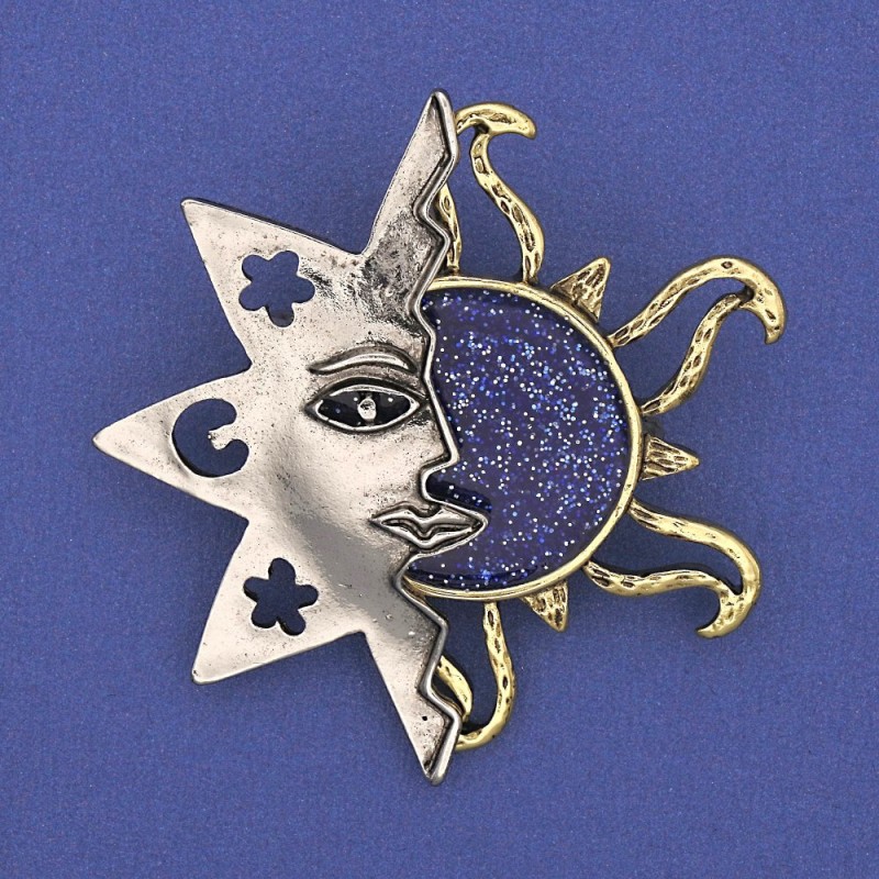 Sun and Star Brooch, 48mm+/-, Gold-Tone Metal