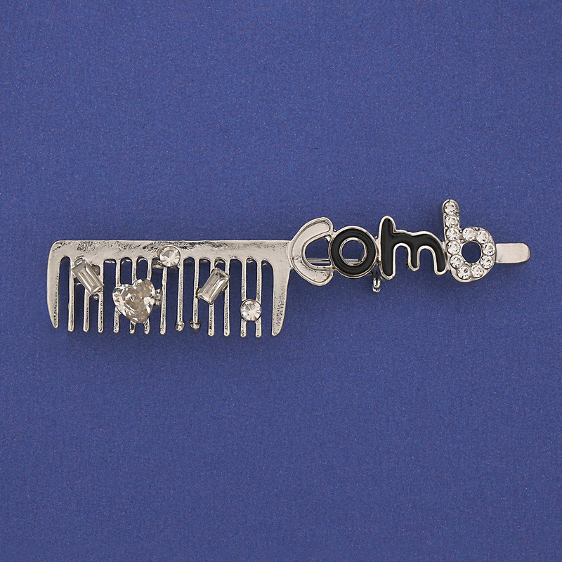Comb Brooch, White Rhinestones, Silver-Tone Metal, 60x12mm+