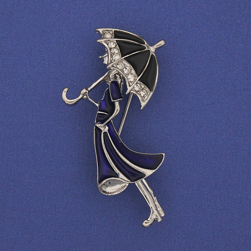 Brooch Pendant Girl with Umbrella White Rhinestones Silver-Tone Metal 48x24mm+