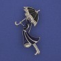 Brooch Pendant Girl with Umbrella White Rhinestones Silver-Tone Metal 48x24mm+
