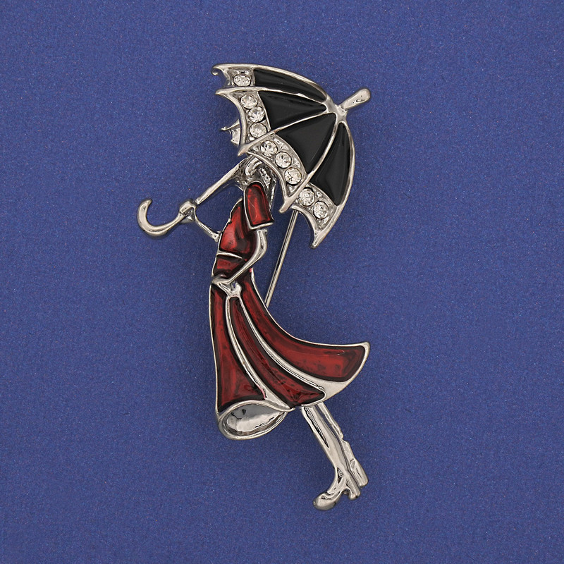 Brooch-Pendant Girl with an Umbrella White Rhinestones Silver-Tone Metal 48x24mm+