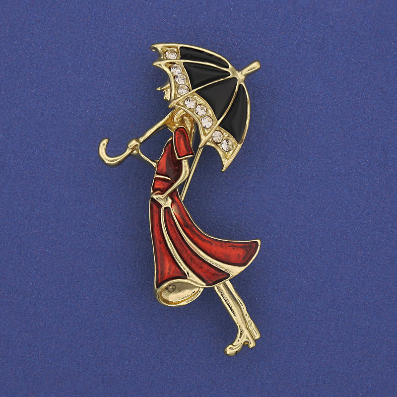Brooch-Pendant Girl with an Umbrella White Rhinestones Gold-Tone Metal 48x24mm+