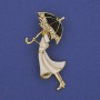 Girl with Umbrella Brooch Pendant, White Rhinestones, Gold-Tone Metal, 48x24mm+