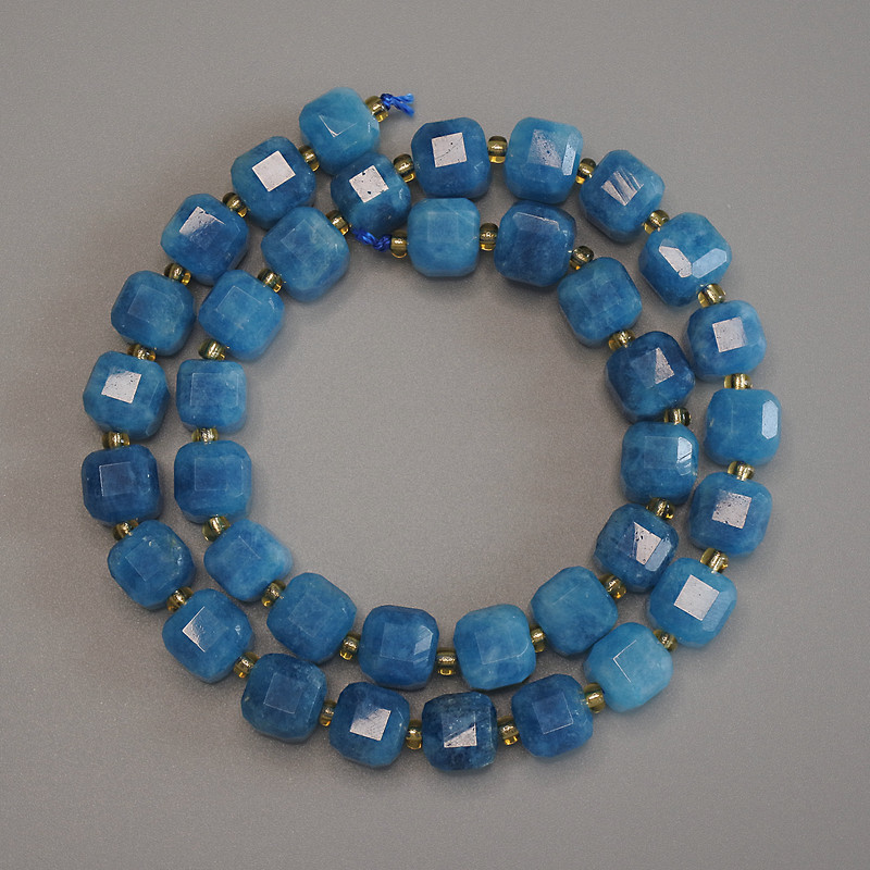 Natural Stone Beads Apatite Faceted Cube, 8.5x8.5mm+/- with 3mm+/- Seed Beads, Length 37cm+/-, on Thread
