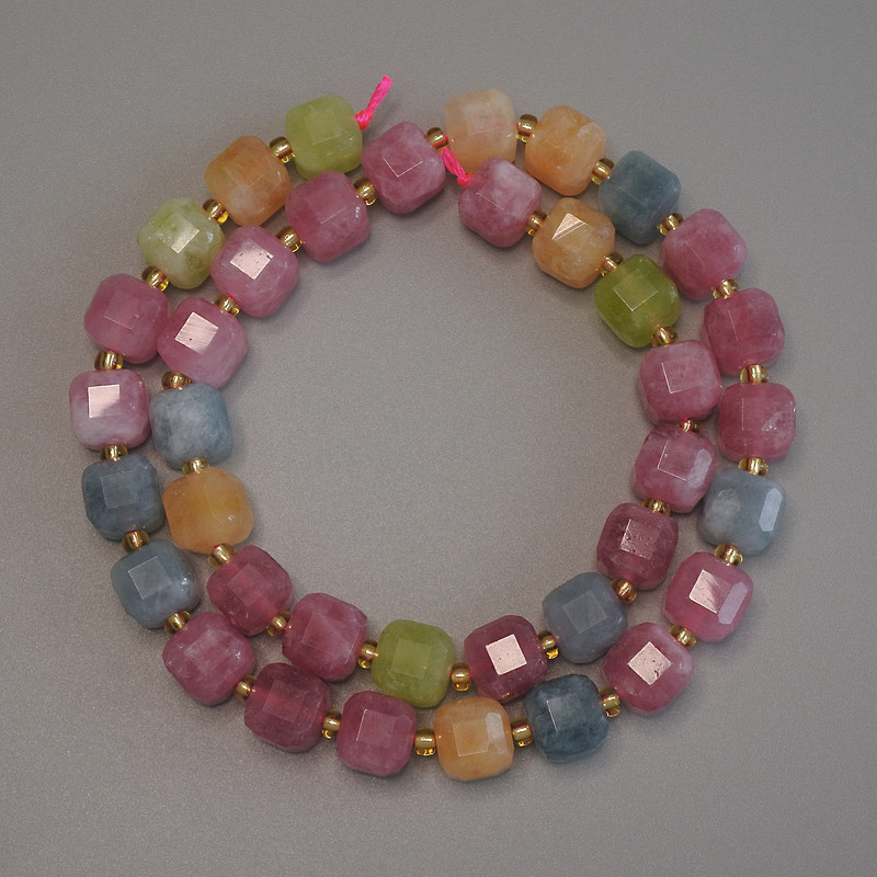 Beads Tourmaline Faceted Cube 7x7mm+- with Seed Beads 3mm+- on Thread, Length 38cm+