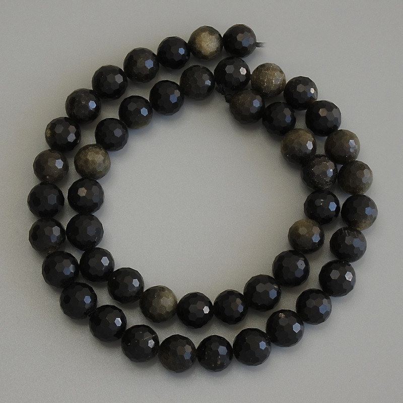 Sun Obsidian Beads on Thread, Natural Stone, Faceted Round, Diameter 8mm+/-, Length 38cm+