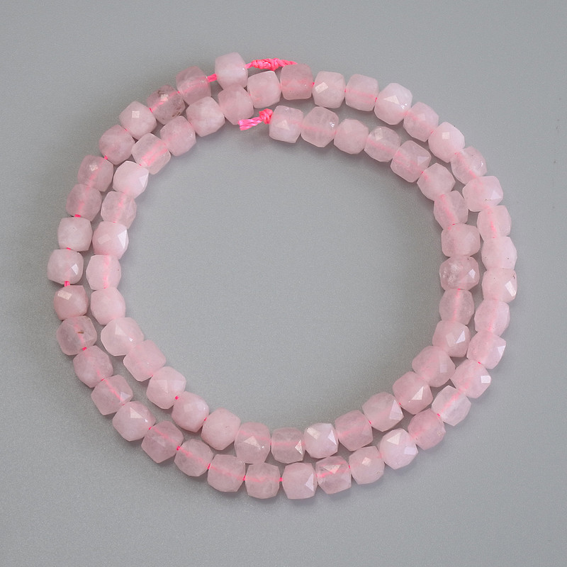 Rose Quartz Beads, Faceted Cube, Diameter 5x5mm+/-, Length 37cm+/- on a Strand