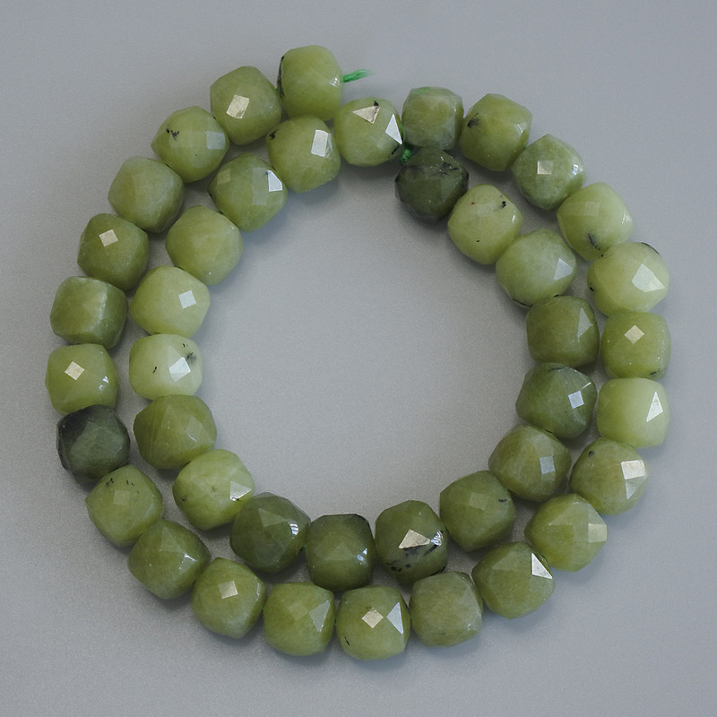 Jadeite Beads, Faceted Cube, Diameter 9x9mm+/-, Length 37cm+/- on a Strand