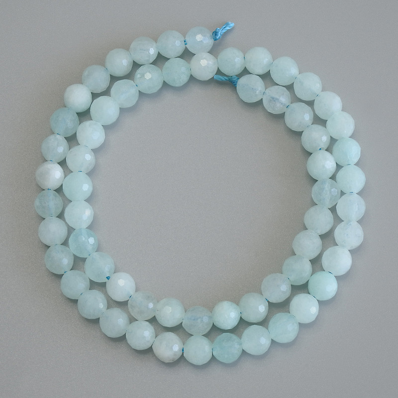 Aquamarine Faceted Round Beads, diameter 6mm+/-, length 36cm+/- on a strand
