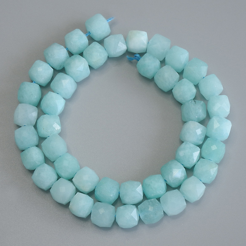 Aquamarine Faceted Cube Beads, diameter 9x9mm+/-, length 37cm+/- on a strand