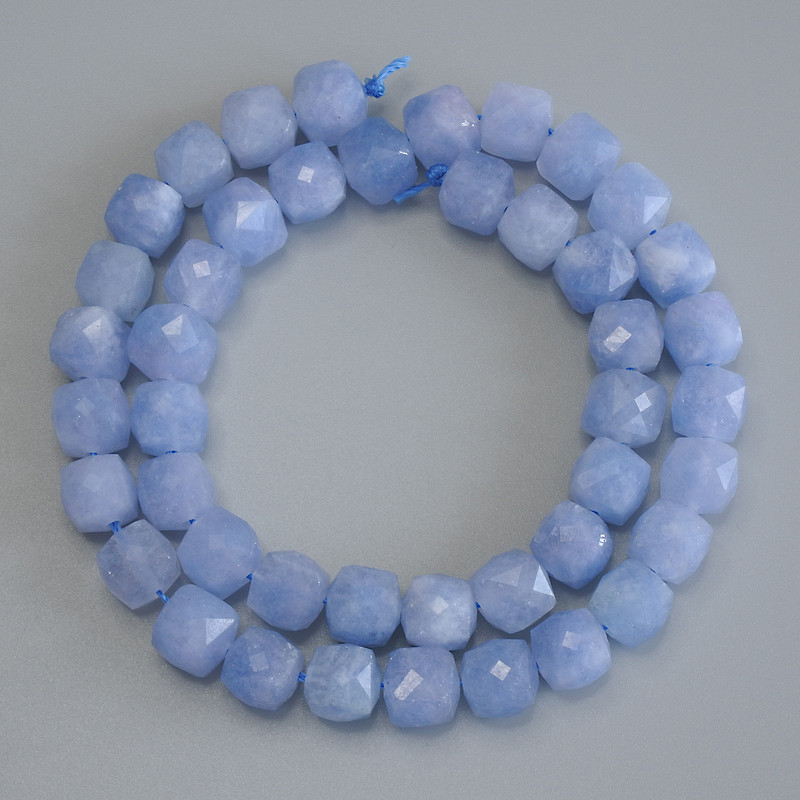 Aquamarine Beads Faceted Cube, diameter 9x9mm+-, length 38cm+- on a thread