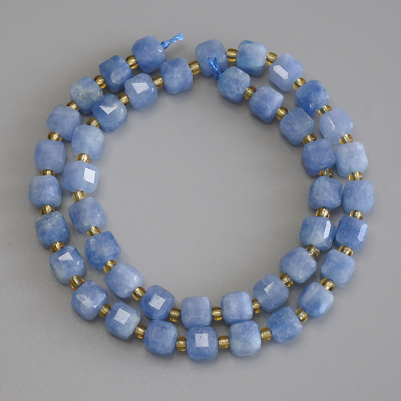 Aquamarine Faceted Cube Beads, diameter 7x7mm+- with 3mm+- seed beads, length 37cm+- on a strand