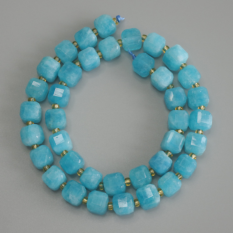 Aquamarine Faceted Cube Beads, diameter 8x8mm+- with 3mm+- seed beads, length 37cm+- on a strand