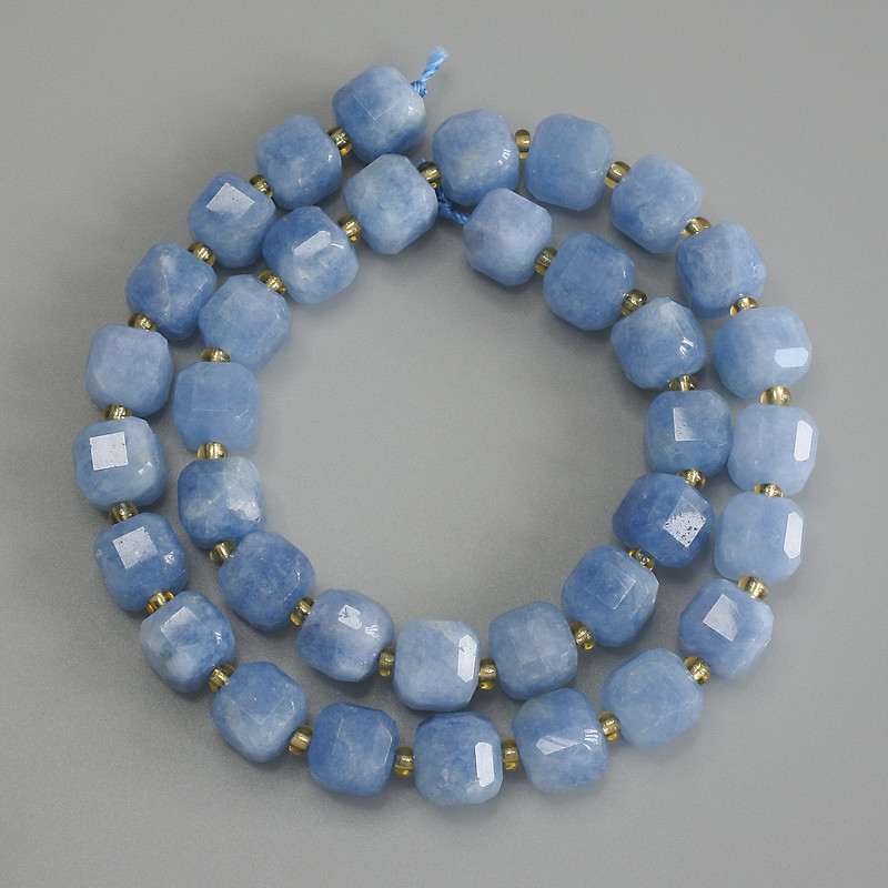 Aquamarine Faceted Cube Beads, diameter 8.5x8.5mm+- with 3mm+- seed beads, length 37cm+- on a strand