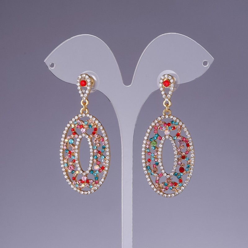 Earrings with Multicolour Rhinestones, Length 5.5cm, Yellow Metal