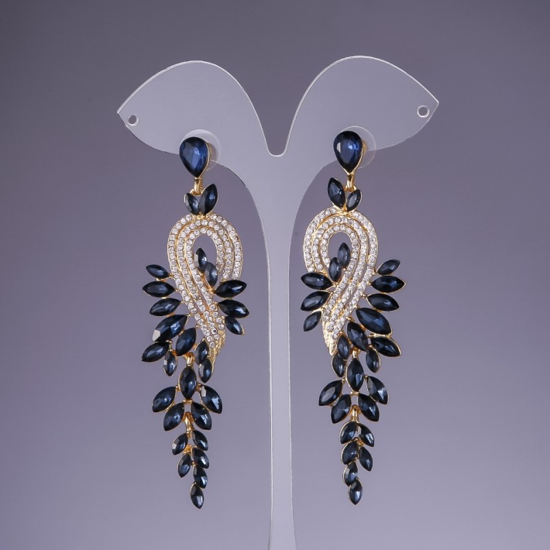 Earrings with Dark Blue Crystals, Length 9cm, Yellow Metal