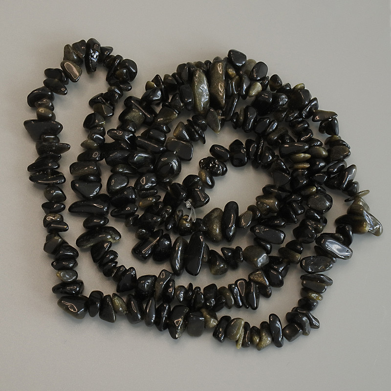 Sun Obsidian Chip Beads, diameter 6-8x2-5mm+/-, length 78cm+/- on fishing line