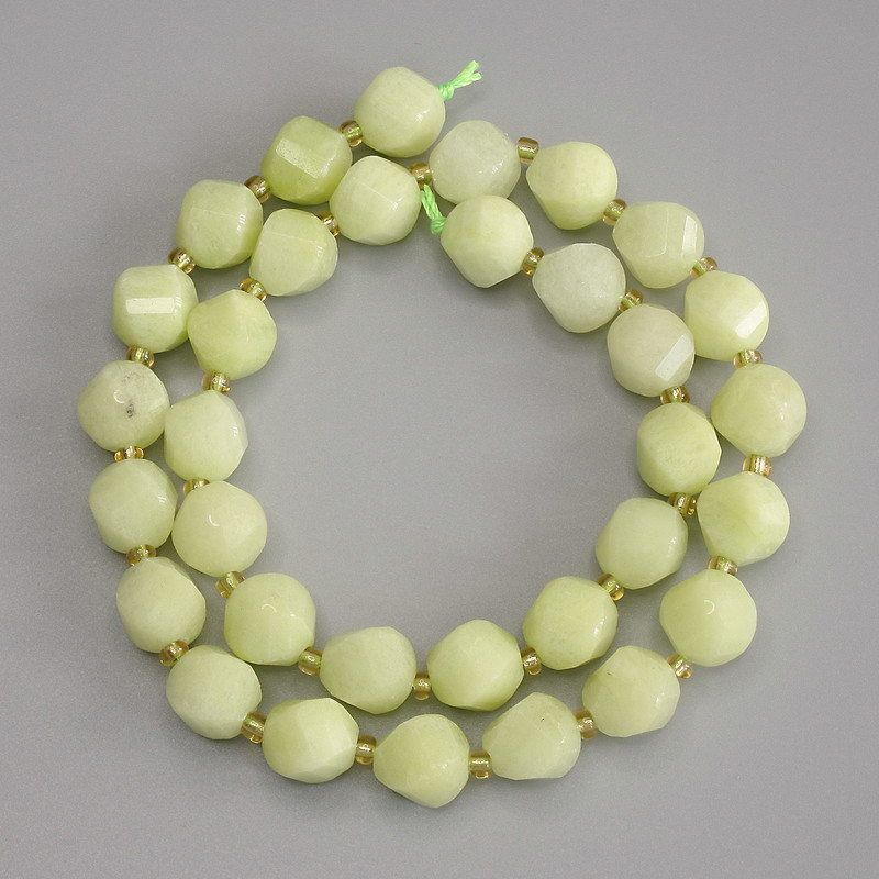 Chrysolite Olivine Beads, Faceted Rhombus 10x8.5mm+/-, with Seed Beads on a Thread, Length 39cm+