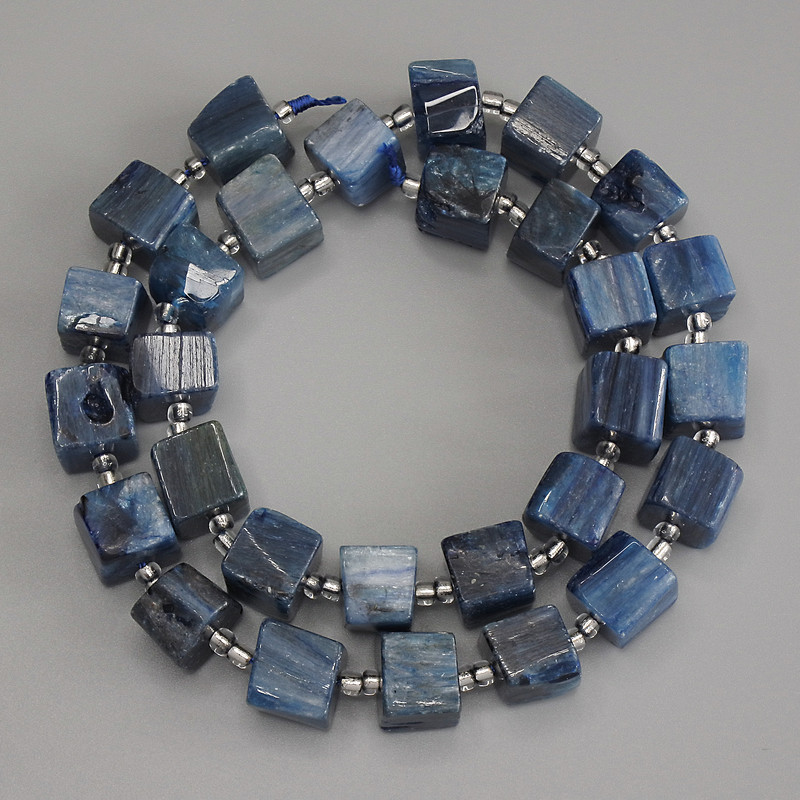 Apatite Cube Beads, diameter 9-10x9-10mm+- with 3mm+- seed beads, length 39cm+- on a thread