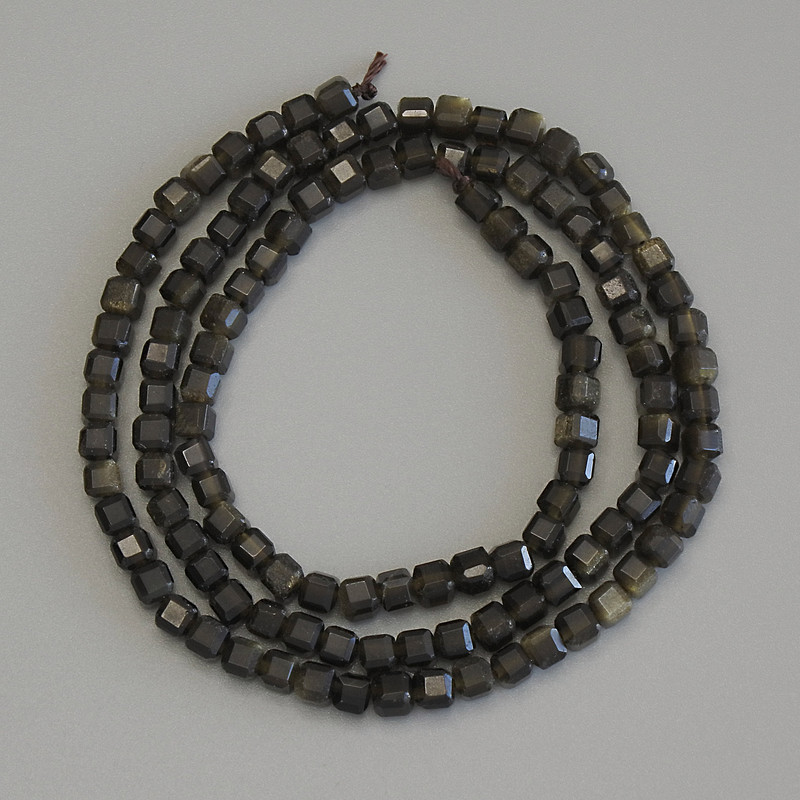 Golden Sheen Obsidian Faceted Cube Beads, diameter 3mm+-, length 39cm+- on a thread