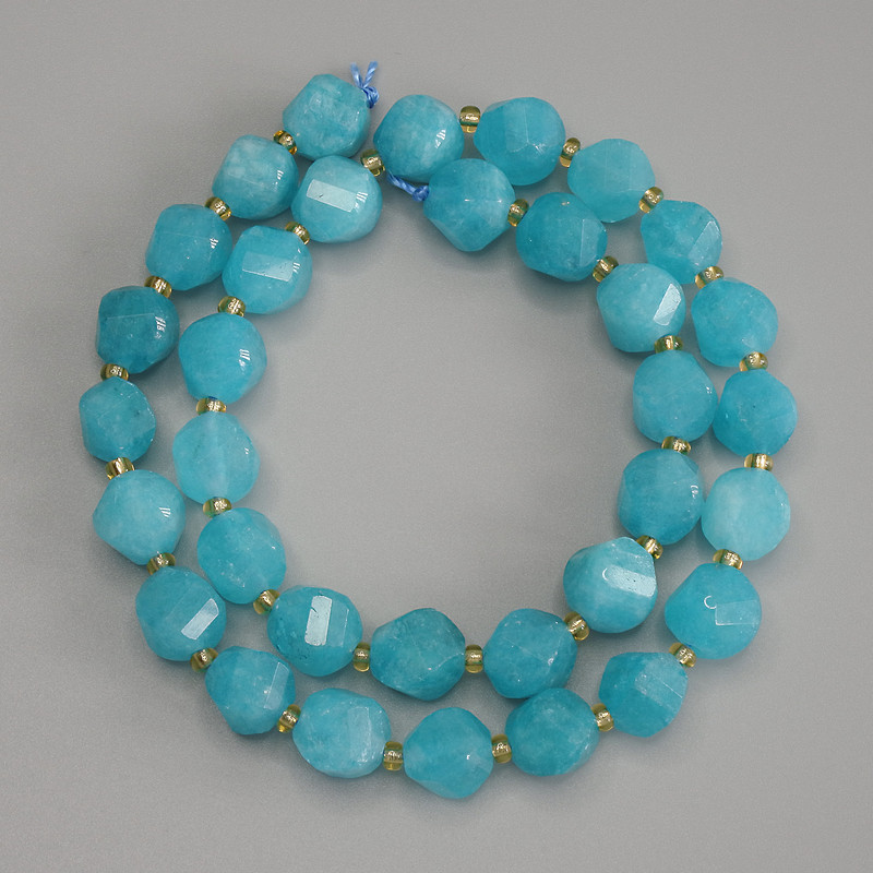Aquamarine Faceted Rhombus Beads, diameter 10x9mm+- with 3mm+- seed beads, length 39cm+- on a strand