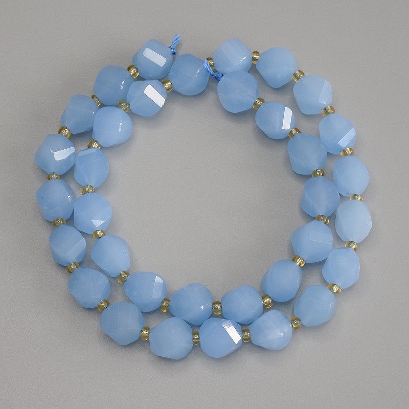 Aquamarine Faceted Rhombus Beads, diameter 10x8.5mm+- with 3mm+- seed beads, length 39cm+- on a strand