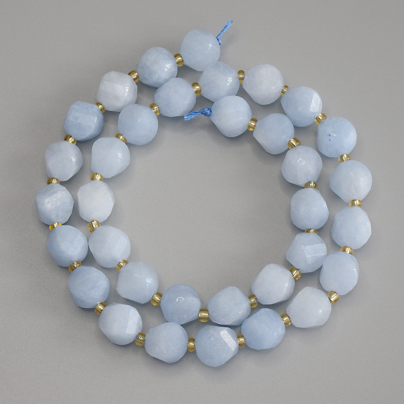Aquamarine Faceted Rhombus Beads, diameter 10x8.5mm+- with 3mm+- seed beads, length 39cm+- on a thread