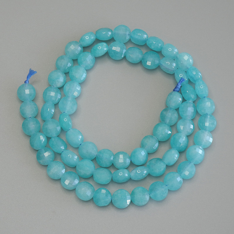 Aquamarine Beads Faceted Coin, diameter 6mm+-, length 39cm+- on a thread