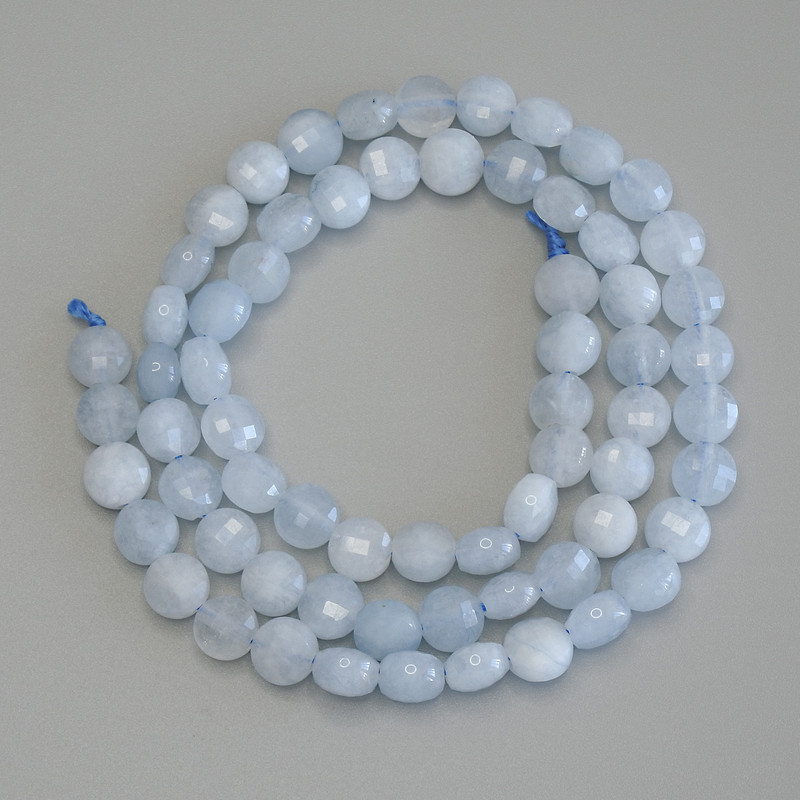 Aquamarine Faceted Coin Beads, diameter 6mm+/-, length 39cm+/- on a strand
