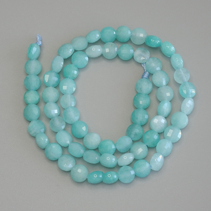 Aquamarine Beads, Faceted Coin, Diameter 6mm+-, Length 39cm+- on a Thread