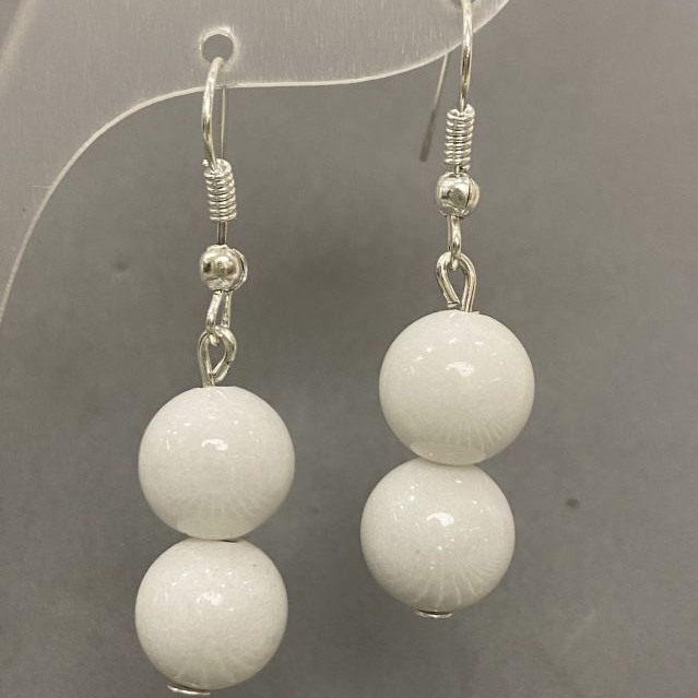 White Agate Earrings, smooth round bead, diameter 10mm+/-, length 40mm+