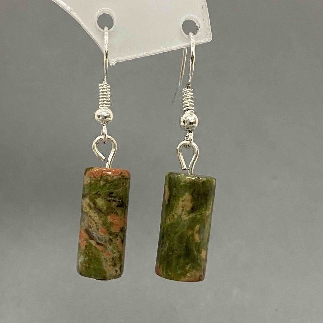 Unakite (Heliotrope) Earrings, cylinder, diameter 8x17mm, length 38mm+