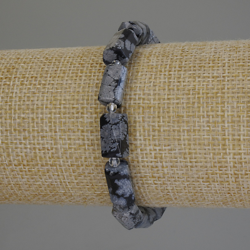 Snowflake Obsidian Apache Tears Bracelet, Cut Chips, Diameter 12x7mm+/- with 3mm+/- Seed Beads, Length 18cm+/- (Stretch)