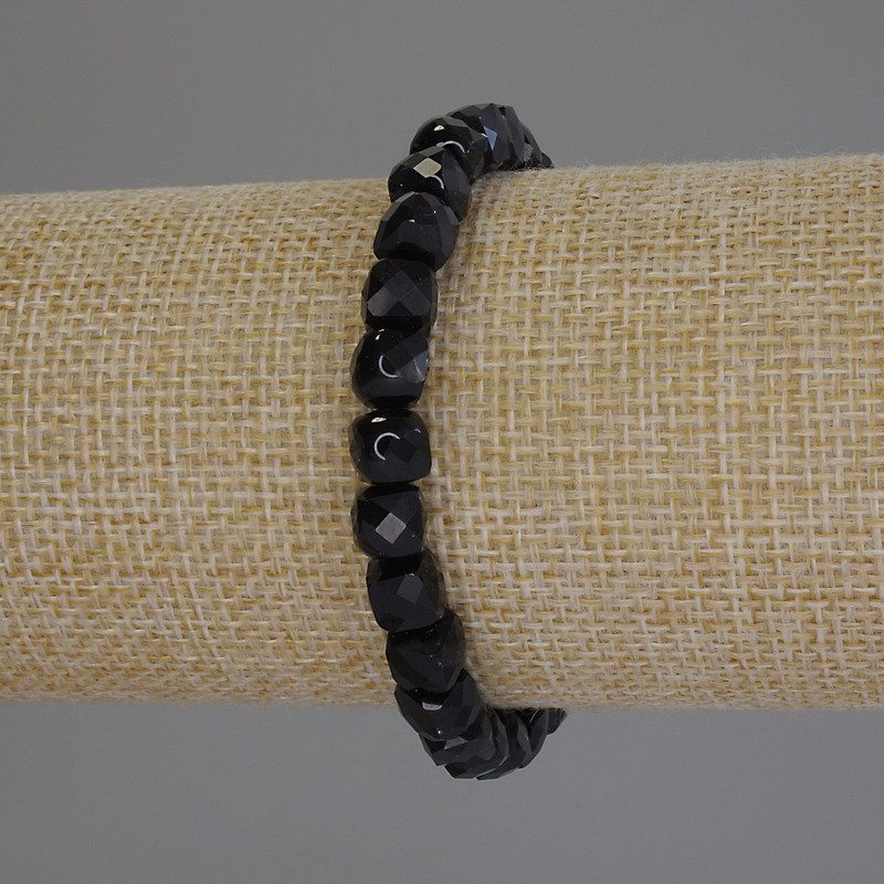 Black Tourmaline Bracelet, Faceted Cube, Diameter 6.5mm+-, Length 18cm+- Stretch