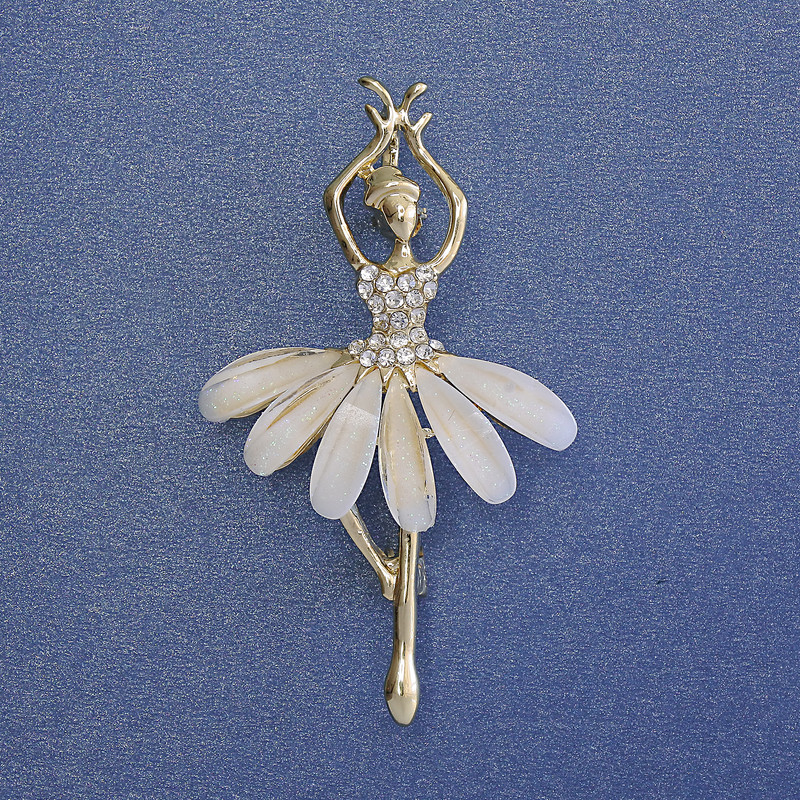 Brooch Pendant Ballerina with White Rhinestones Gold-Tone Metal 50x28mm