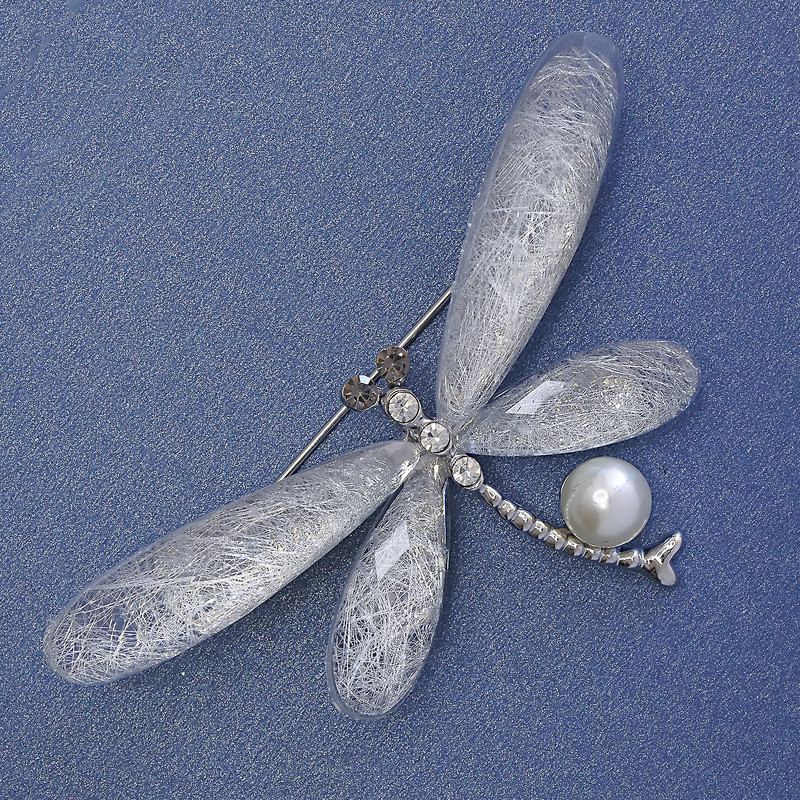Dragonfly Brooch, 68x35mm+-, White Rhinestones, Pearl, Faceted Clear Crystal, Silver-Tone Metal