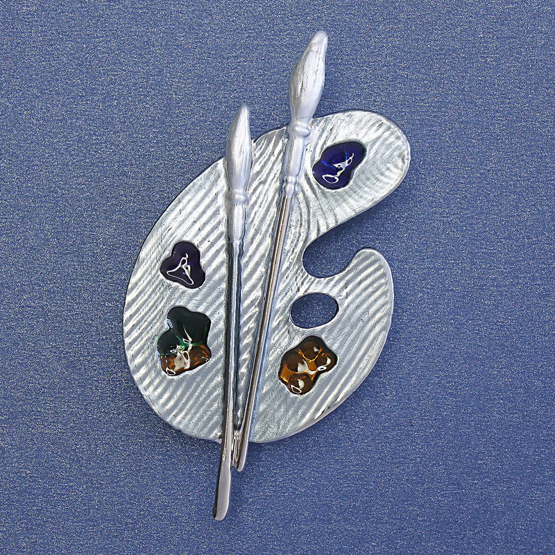Palette Brooch Blue Enamel Silver-Tone Metal 50x27mm+