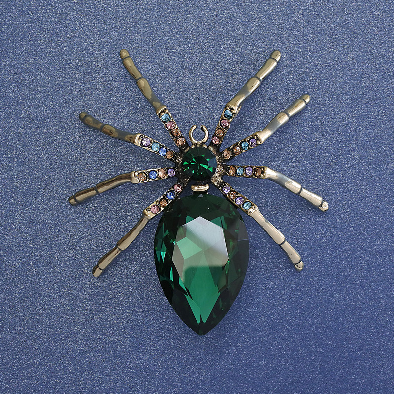 Spider Brooch Green Crystal Multicolour Rhinestones 65mm+- Gold-Tone Metal