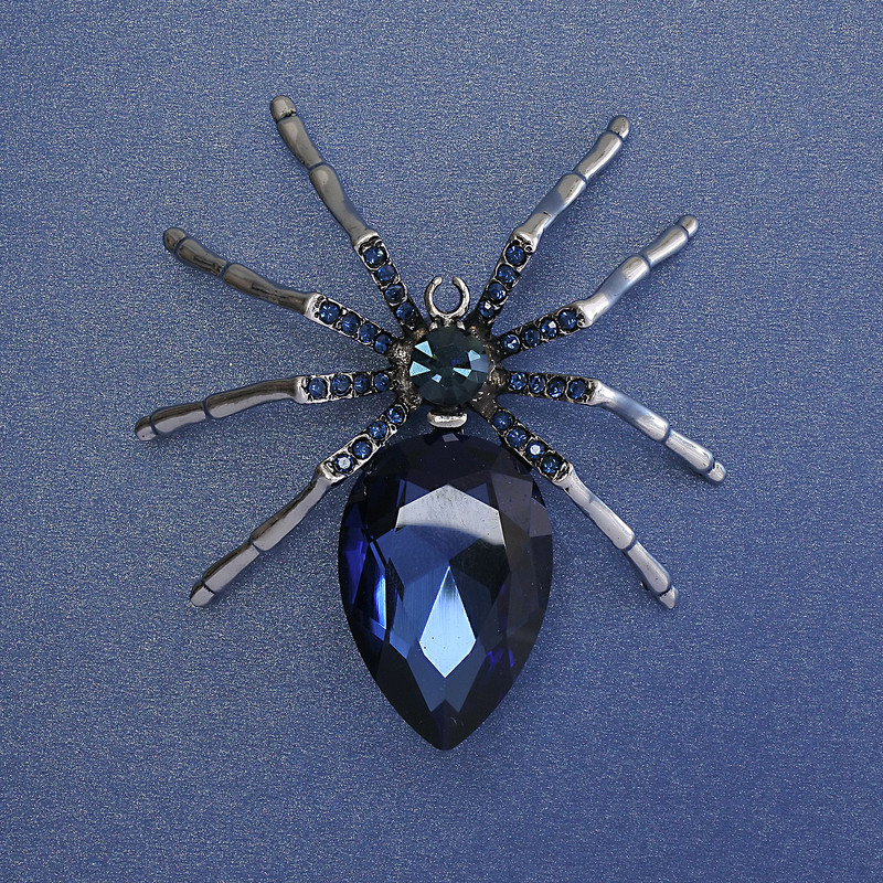 Brooch Spider blue crystal blue rhinestones 65mm+- silver metal