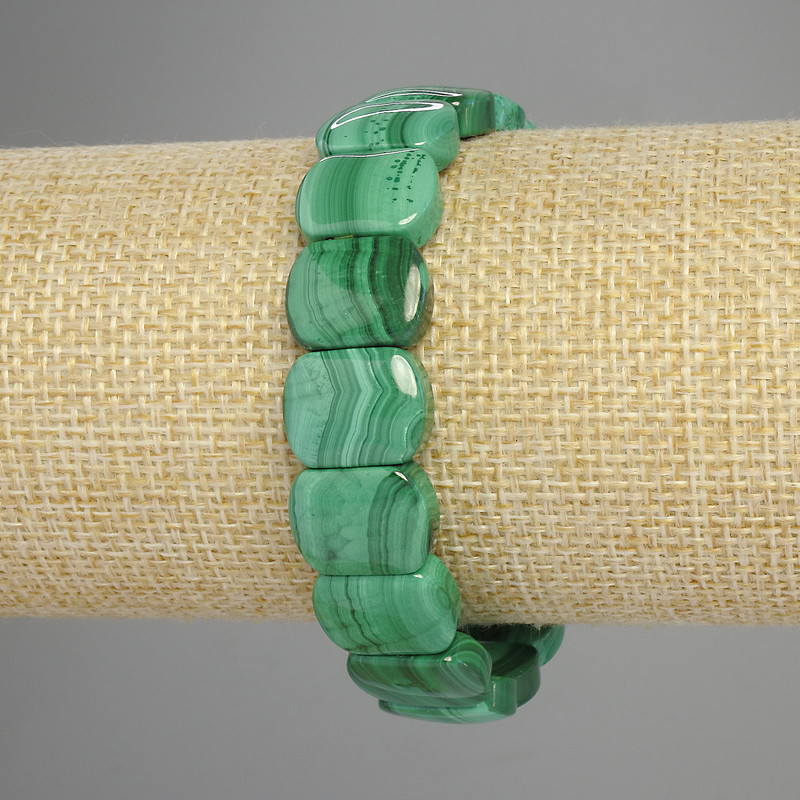 Malachite Bracelet Natural Stone Rounded Link, Diameter 14x11mm+-, Length 18cm+- Stretch