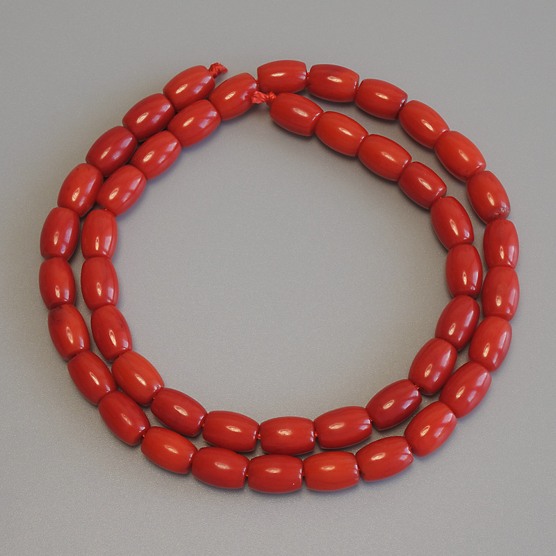 Coral Beads, Barrel Shape, 9x6mm+/-, Length 41cm+/- on a Thread