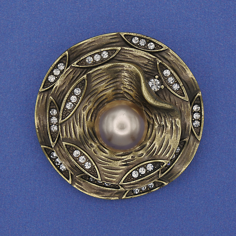 Brooch Accent Beige Pearl White Rhinestones Bronze Colour 40mm+
