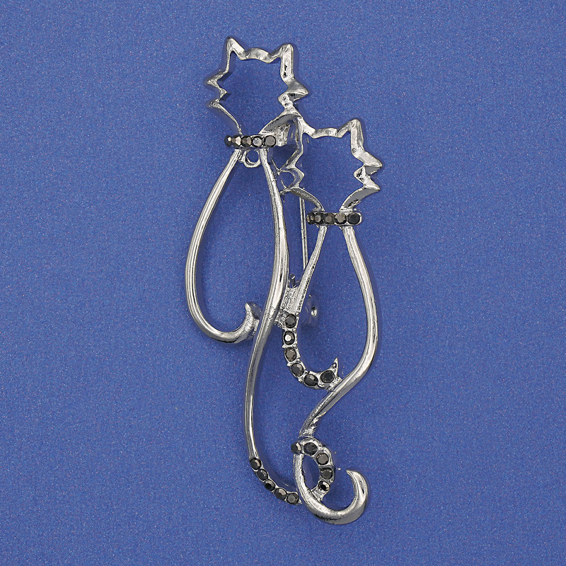 Cats Brooch Grey Rhinestones Silver-tone Metal 58x26mm+