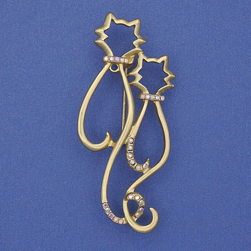 Cats Brooch with Rainbow Rhinestones, gold-tone metal, 58x26mm+