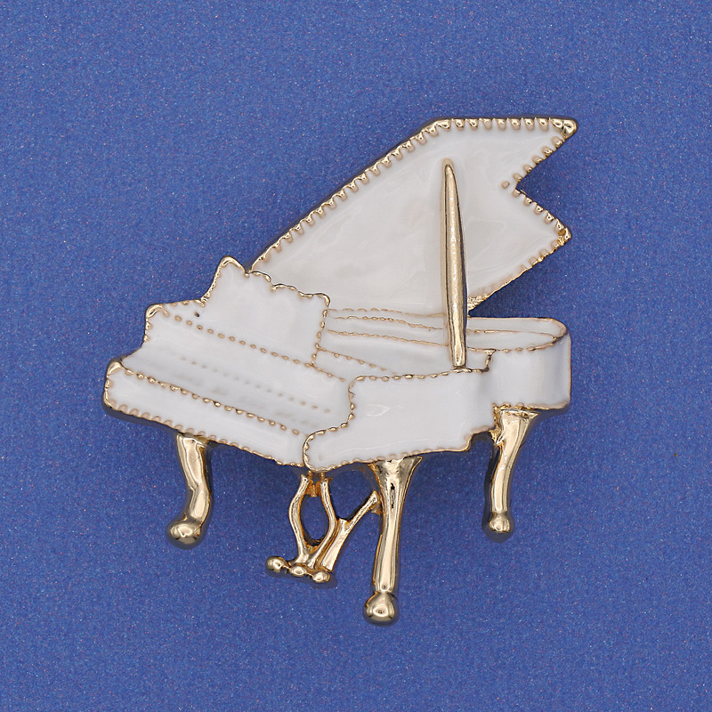 Grand Piano Brooch White Enamel Gold-Tone Metal 36x30mm+