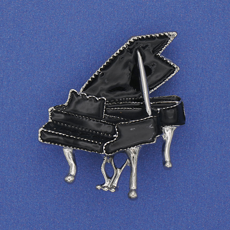 Grand Piano Brooch Black Enamel Silver-tone Metal 36x30mm+