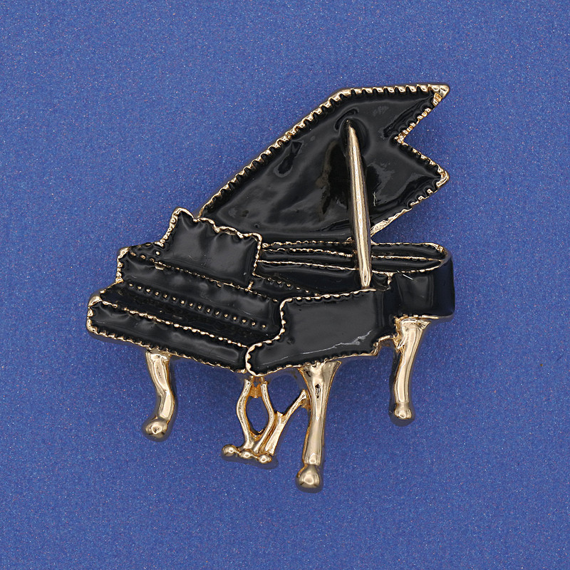 Grand Piano Brooch Black Enamel Gold-tone Metal 36x30mm+
