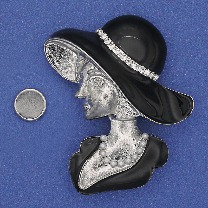 Magnetic Girl in a Hat Brooch, White Rhinestones, Black Enamel, Silver-Tone Metal, 53x45mm+