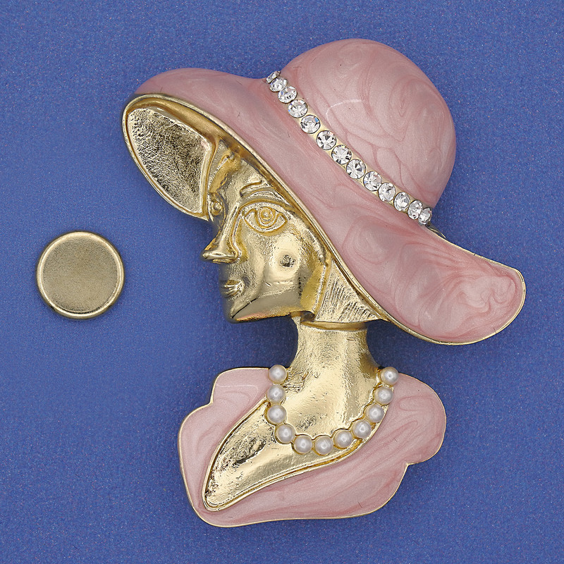 Magnetic Girl in a Hat Brooch, White Rhinestones, Pink Enamel, Gold-Tone Metal, 53x45mm+